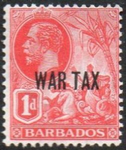 Barbados 1917 1d bright red 'War Tax' MH