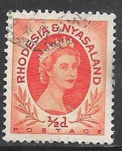 Rhodesia and Nyasaland 141: 1/2d Queen Elizabeth II, used, F-VF