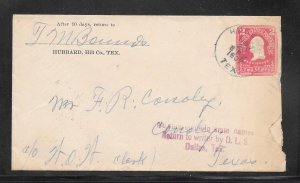 #U385 2c Carmine HUBBARD TX. NOV/20/1907 (RETURN TO WRITER) Cachet (A1186)