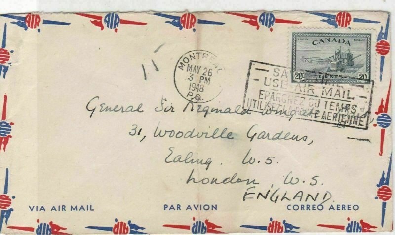 General Sir Francis Reginald Wingate 1948 Montreal cancel Stamps Cover refR17304 