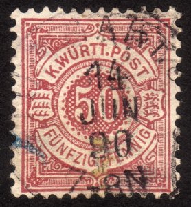 1890, Germany Wurttemberg 50pfg, Used, Sc 68a