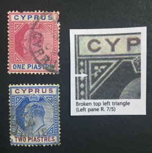 MOMEN: CYPRUS SG #64a,65a 1904 BROKEN TOP LEFT TRIANGLE USED LOT #61298