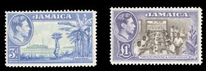 Jamaica #140-141 Cat$64.50, 1949 George VI 3p and £1, never hinged