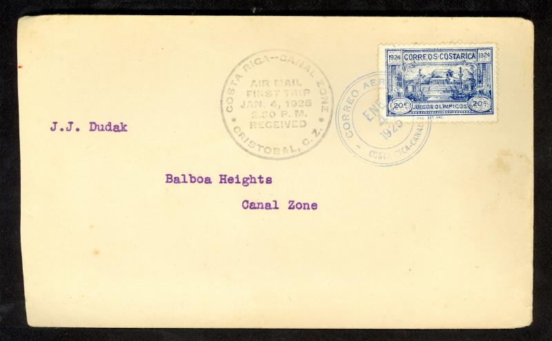COSTA RICA 1925 FFC to US CANAL ZONE Sp Cancel 1924 20c PARIS OLYMPICS B4 COVER