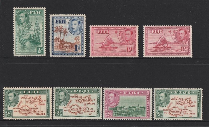 FIJI 1938 KGVI Defs set ½d to £1 including 2d Die I, & 6d Die I. 