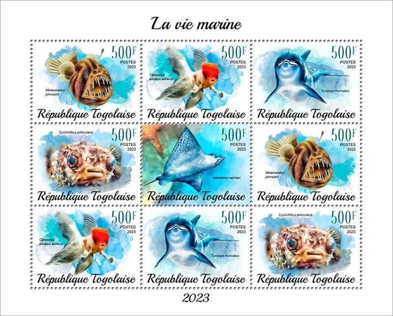 Togo - 2023 Marine Life, Anglerfish, Eagle Ray - 9 Stamp Sheet - TG230249f28