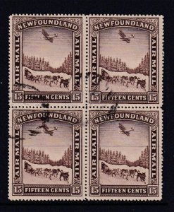 NEWFOUNDLAND # C6 VF-SON LIGHTLY USED BLOCK OF 4 DOG SLED AND PLANE