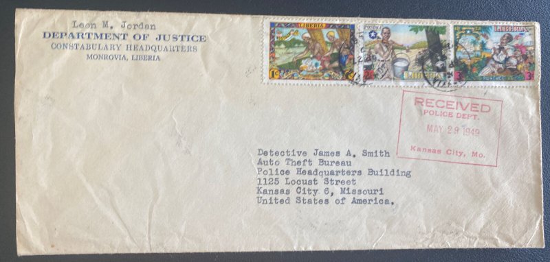 1949 Monrovia Liberia Department Of Justice cover To Kansas City MO USA