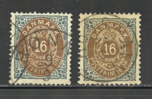 Denmark Scott 30,30a Used H - 1875 16o Numerals - SCV $23.50