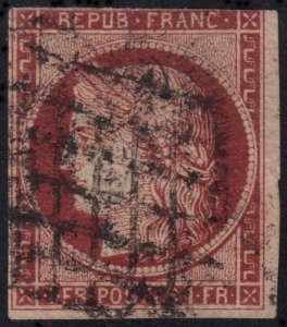 France - Scott 9c - Used - Trimmed Margin - Pencil Marks on Back