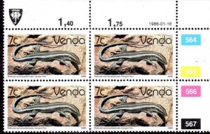 Venda - 1986 Reptiles 7c 1986.01.16 Plate Block MNH** SG 125