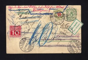 GERMANY: 1909 Postal Card MULTIPLE FORWARDS - SWITZERLAND & AUSTRIA DUES