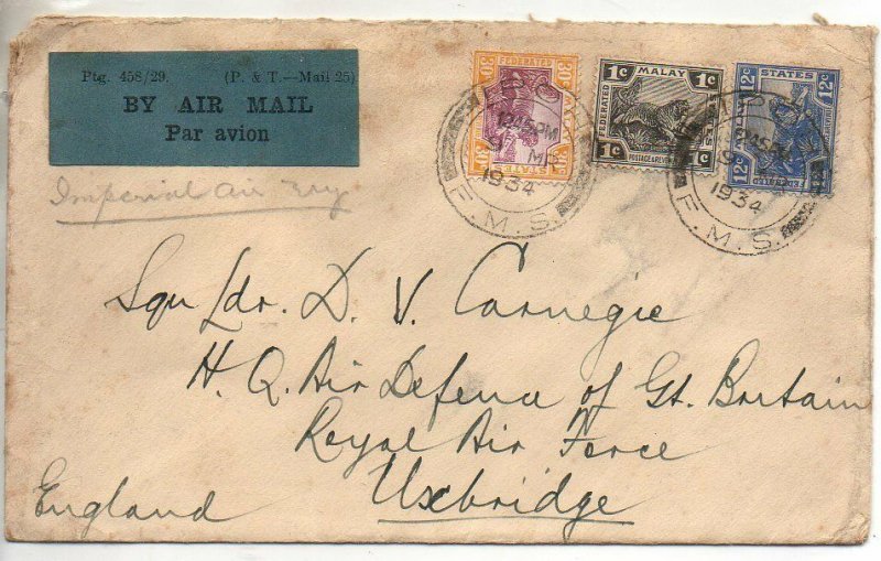 Perak 1934 airmail cover to Sq. Ldr. Carnegie Uxbridge from Ipoh