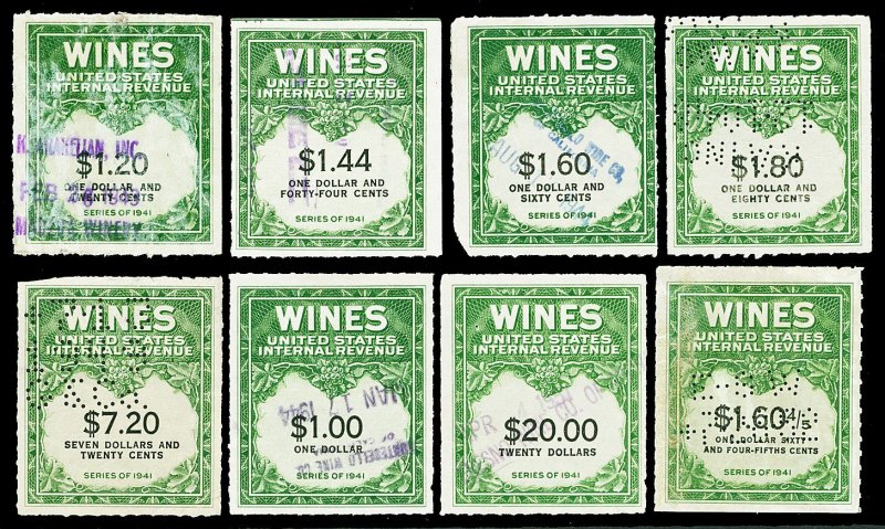 Scott RE146//RE196 1942-1951 $1.20-$20 8 Diff Wine Revenues Used F-VF Cat $10.55