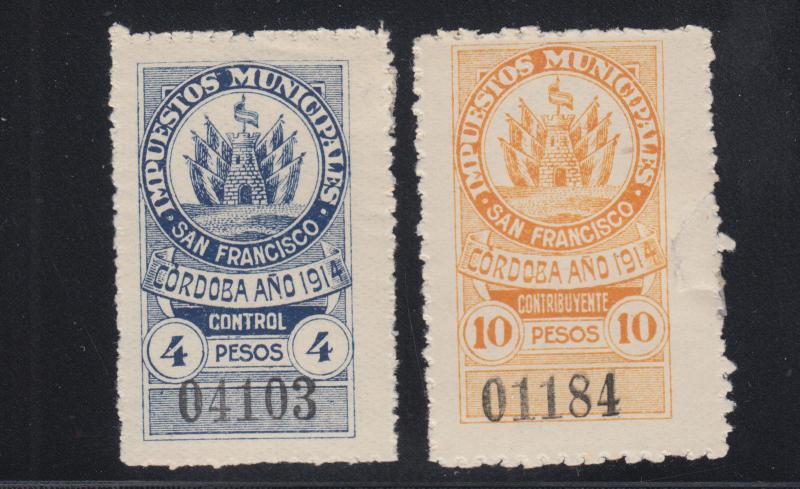 Argentina, Cordoba, San Francisco, 1914 10c & 4p Municipal Tax Fiscals, 2 diff