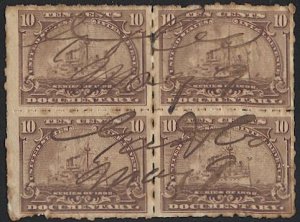 US 1898 10c Documentary Revenue Sc R168p Used Block VF, Battleship