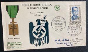 1958 Paris France First Day Cover FDC Jacques Bingen Resistance Heroes