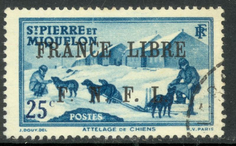 ST PIERRE AND MIQUELON 1942 25c FRANCE LIBRE FNFL Ovpt DOG TEAM Issue Sc 229 VFU