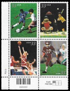 SCOTT  3399-3402  YOUTH SPORTS  33¢  PLATE BLOCK  MNH  SHERWOOD STAMP