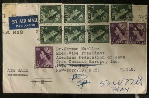 1955 Sydney Australia Airmail Cover To America Fed Of Jews New York USA Judaica