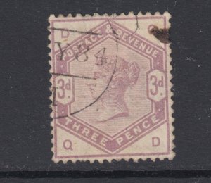 Great Britain Sc 102 used. 1884 3p lilac QV, black ink mark, sound, F-VF