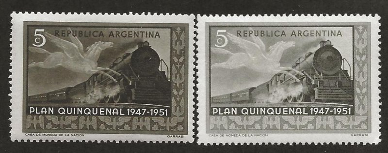 ARGENTINA SC# 595 TWO COLOR SHADES  FVF/MOG 1951