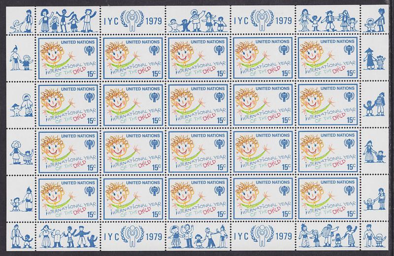 UN, New York Sc 278-279, 310-311 MNH. 1976 UN, 1979 IYC, 2 Full Panes, cplt sets