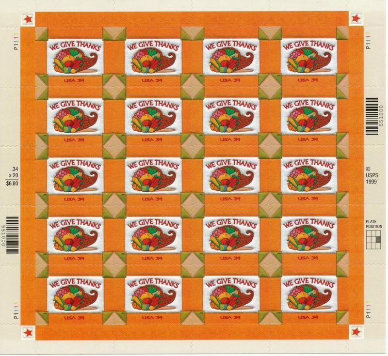 Scott 3546 Thanksgiving We Give Thanks Pane of 20 stamps MNH