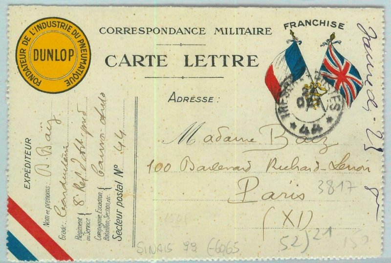 93141 - FRANCE - POSTAL HISTORY - Advertising Military STATIONERY flags DUNLOP