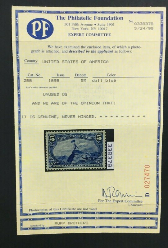 MOMEN: US STAMPS #288 MINT OG NH XF-SUP JUMBO PF CERT LOT #70874