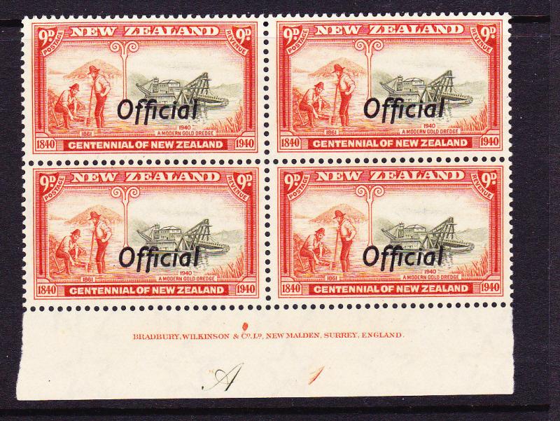 NEW ZEALAND  1940  9d  CENTENNIAL OFFICIAL  PLATE BLK 4 # A1  MNH  