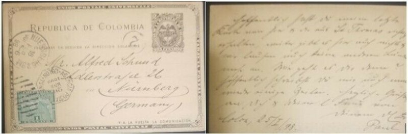 A) 1898, COLOMBIA, POSTAL STATIONARY, SHIPPED TO GERMANY, PACIFICO WITH OVERPRIN 