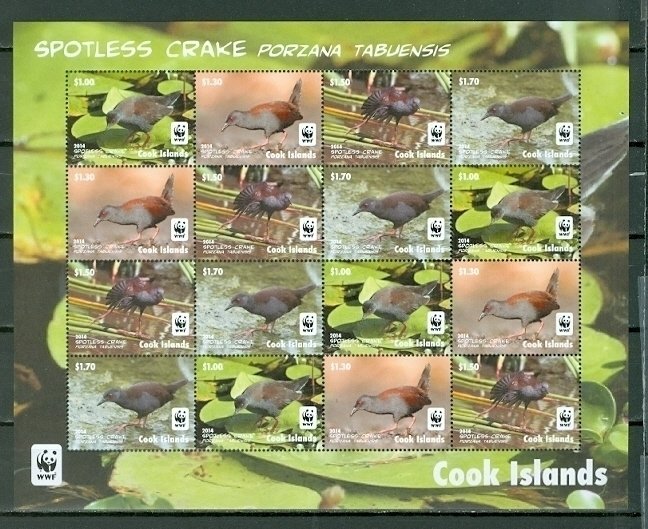 COOK ISL. 2014 BIRDS #1524 WWF CPLT SHEET(4 STRIPS) MNH...$35.00