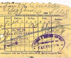 GB WALES RAILWAY *Talyllyn Station* Taff Vale Railway Parcel Way Bill 1892 BC145 