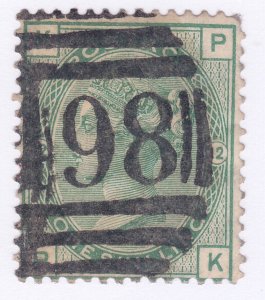 Great Britain 64 Used Sg150 1873 1sh Pale Green QV Plate #12 Issue Scv $120.00