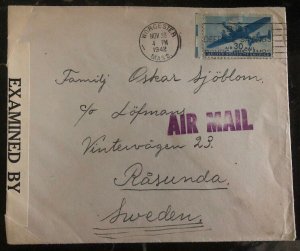 1942 Worcester Ma USA Censored Airmail Cover To Råsunda Sweden