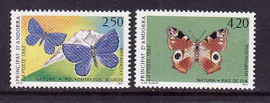 D1-French Andorra-Sc#427-8-unused NH set-Insects-Butterflies