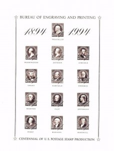 BEP Souvenir Card B186 Centennial Postage Stamp Production Black Mint 1994