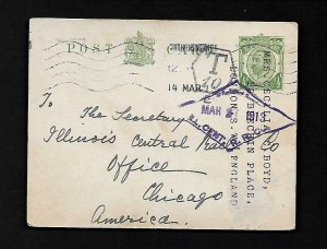 AZ8K Gr. Britian Postcard 1913 to U.S. Hand Stamp T10  Ill. Central Rail Road