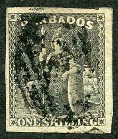 BARBADOS SG12a 1858 1/- Black Four Margins Cat 70