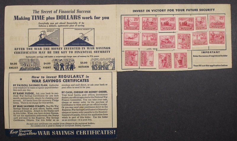 CANADA REVENUE FWS7//FWS14 USED WAR SAVINGS STAMPS ON APPLICATION FORM