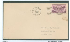 US 775 3c michigan centenary FDC, november 1, 1935 lansing, michigan, addressed w/o cachet, small stain upper right corner, mino