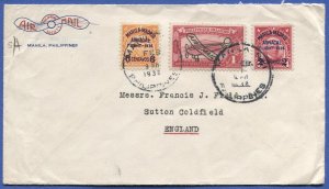 PHILIPPINES 1938 Sc C47, C54-55 on  Airmail cover to England