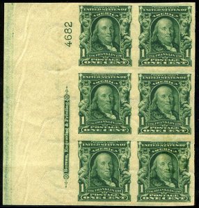 United States, 1904-9 #314 Cat$200, 1906 1c blue green, imperf. left sheet ma...