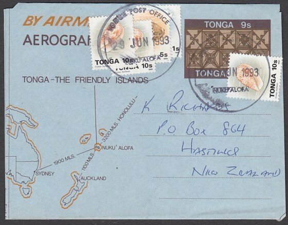 TONGA 1993 9s aerogramme uprated used to NZ.................................L417