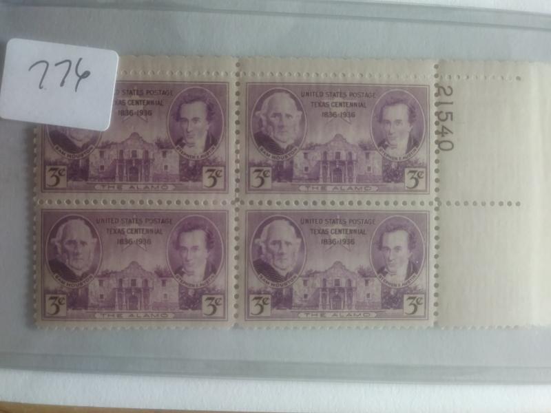 SCOTT # 776 PLATE BLOCK TEXAS CENTENNIAL ISSUE MINT NEVER HINGED  1936