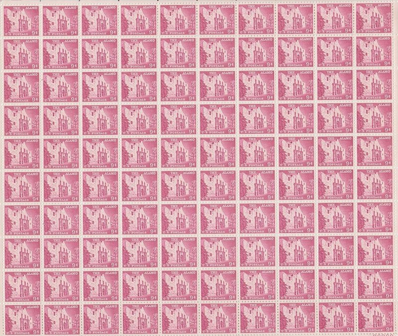 The Alamo Sheet of One Hundred 9 Cent Postage Stamps Scott 1043