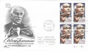 1989 FDC, #2411, 25c Arturo Toscanini, Art Craft, plate block of 4