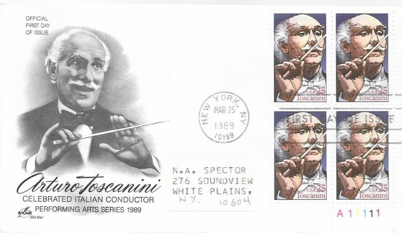 1989 FDC, #2411, 25c Arturo Toscanini, Art Craft, plate block of 4