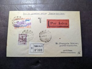 1929 Registered France Colony Tunisia Airmail FFC Cover Tunis to Antibes